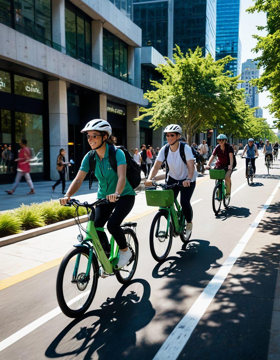 A bustling urban landscape with diverse people riding sleek electric bikes, showcasing innovative eco-friendly commuting gear like smart helmets and solar-powered backpacks. The scene is vibrant with greenery and modern architecture, highlighting a sustainable city vibe. Include dynamic motion effects to capture the thrill of urban mobility. super-realistic. vibrant colors. sunny day.