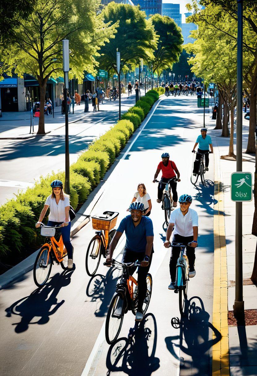 A bustling urban landscape featuring diverse individuals riding sleek, battery-powered bicycles on a vibrant city street. Green trees line the road, solar panels on nearby rooftops, and charging stations can be seen, symbolizing sustainable energy. The sky is bright blue, with sunlight streaming down, illuminating the joyful faces of commuters. Infographics highlighting the benefits of battery-powered bicycles subtly blend into the background. vibrant colors. super-realistic.