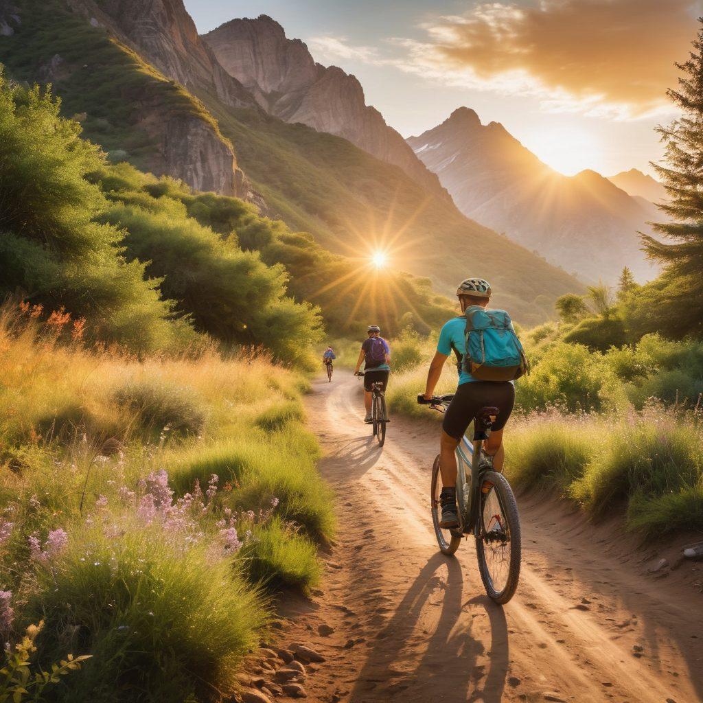 A scenic view of a rugged mountain landscape with a diverse group of cyclists riding foldable and electric mountain bikes along a dirt trail. Lush greenery surrounds them, highlighting eco-friendly cycling gear like reusable water bottles and sustainable helmets. The sky is clear with a hint of sunset colors in the background, creating a warm, inviting atmosphere. People of various ages and ethnicities are enjoying their ride, emphasizing inclusivity in cycling. painterly style, vibrant colors, natural scenery.